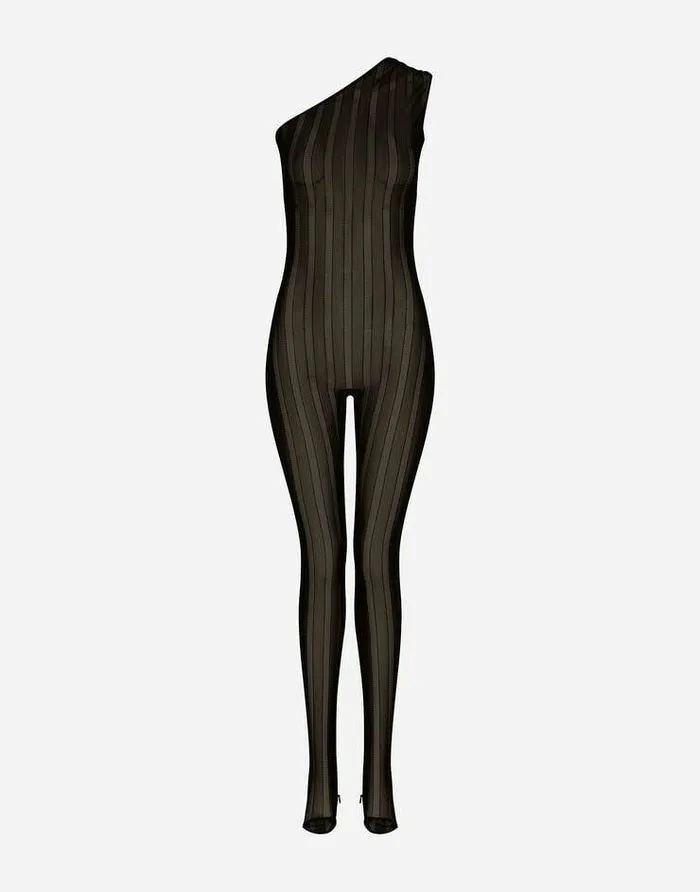 Dolce and Gabbana Dresses Women Oneshoulder Tulle Jacquard Jumpsuit Black
