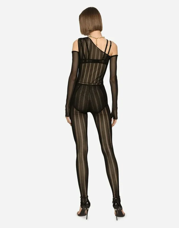 Dolce and Gabbana Dresses Women Oneshoulder Tulle Jacquard Jumpsuit Black Dolce and Gabbana Dresses Women Oneshoulder Tulle Jacquard Jumpsuit Black