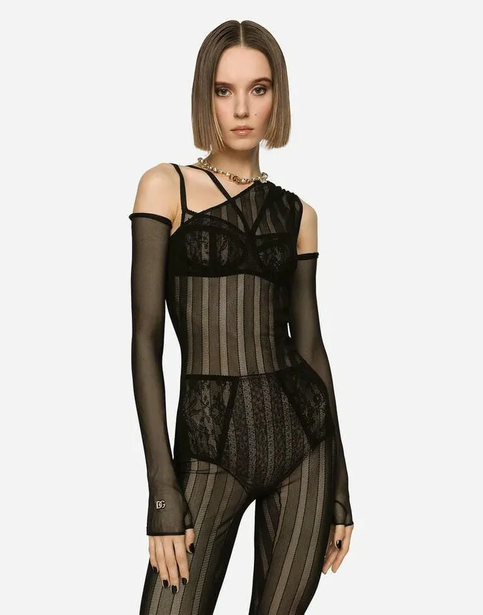 Dolce and Gabbana Dresses Women Oneshoulder Tulle Jacquard Jumpsuit Black Dolce and Gabbana Dresses Women Oneshoulder Tulle Jacquard Jumpsuit Black