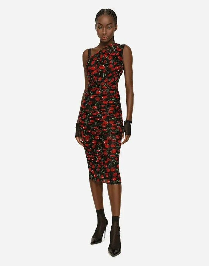 Dolce and Gabbana Dresses Women Oneshoulder Tulle Midi Dress With Cherry Print And Draping Multicolor Dolce and Gabbana Dresses Women Oneshoulder Tulle Midi Dress With Cherry Print And Draping Multicolor