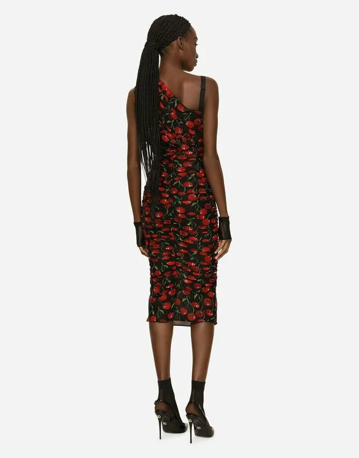 Dolce and Gabbana Dresses Women Oneshoulder Tulle Midi Dress With Cherry Print And Draping Multicolor Dolce and Gabbana Dresses Women Oneshoulder Tulle Midi Dress With Cherry Print And Draping Multicolor