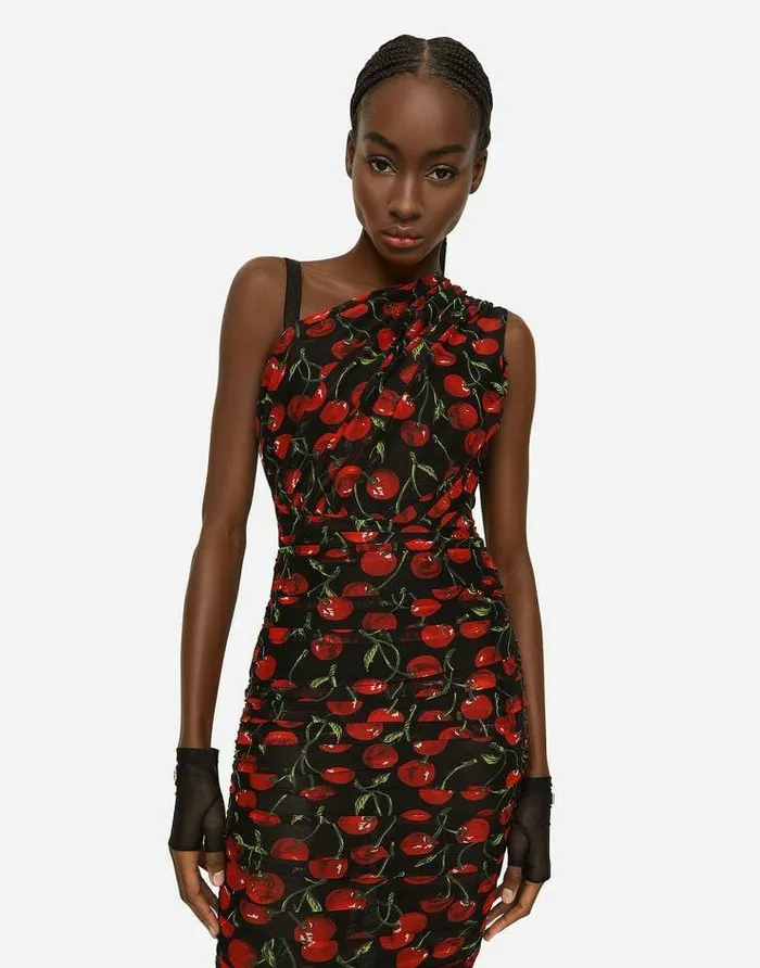 Dolce and Gabbana Dresses Women Oneshoulder Tulle Midi Dress With Cherry Print And Draping Multicolor Dolce and Gabbana Dresses Women Oneshoulder Tulle Midi Dress With Cherry Print And Draping Multicolor