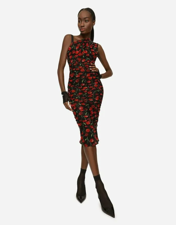 Dolce and Gabbana Dresses Women Oneshoulder Tulle Midi Dress With Cherry Print And Draping Multicolor Dolce and Gabbana Dresses Women Oneshoulder Tulle Midi Dress With Cherry Print And Draping Multicolor