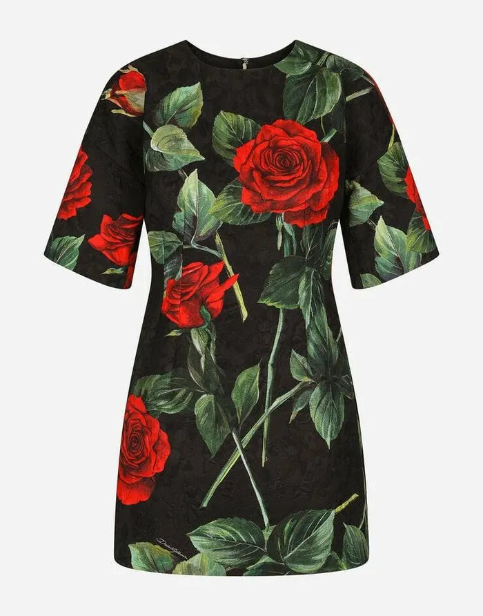 Dolce and Gabbana Dresses Women Short Brocade Dress With Red Rose Print Multicolor Dolce and Gabbana Dresses Women Short Brocade Dress With Red Rose Print Multicolor