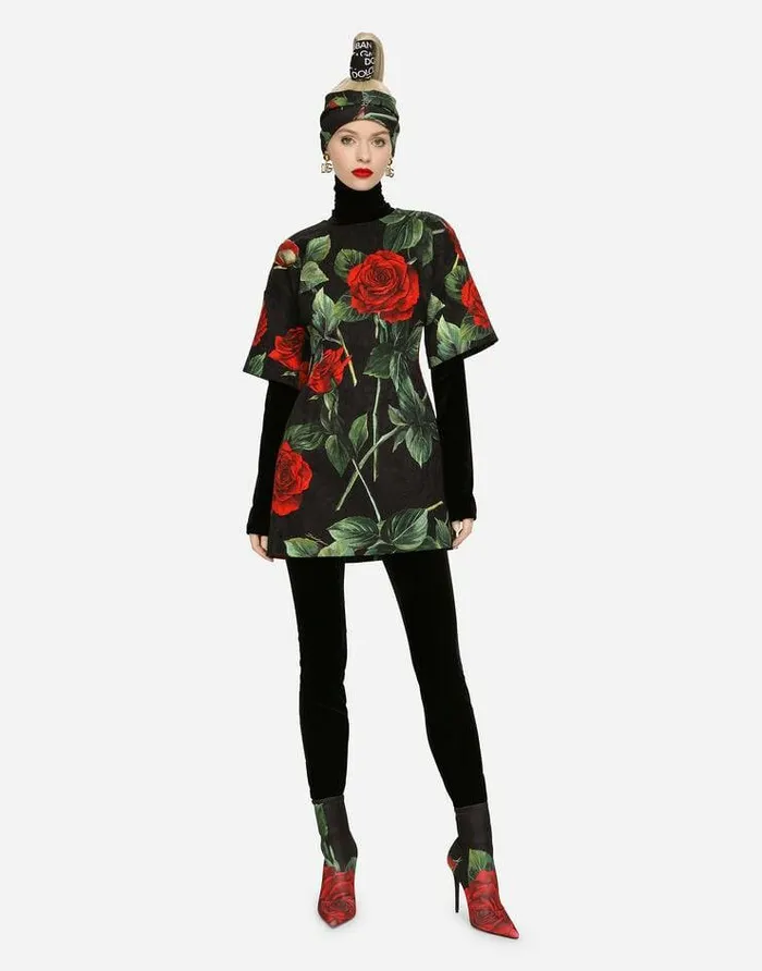 Dolce and Gabbana Dresses Women Short Brocade Dress With Red Rose Print Multicolor
