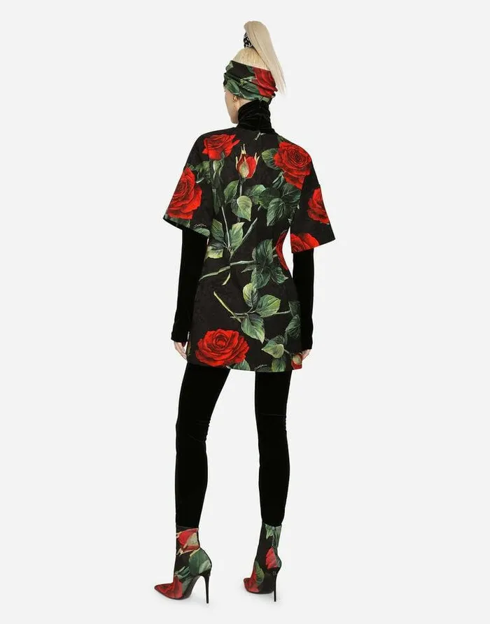 Dolce and Gabbana Dresses Women Short Brocade Dress With Red Rose Print Multicolor