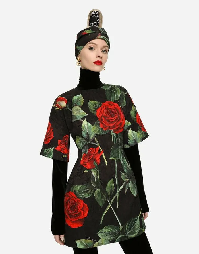 Dolce and Gabbana Dresses Women Short Brocade Dress With Red Rose Print Multicolor