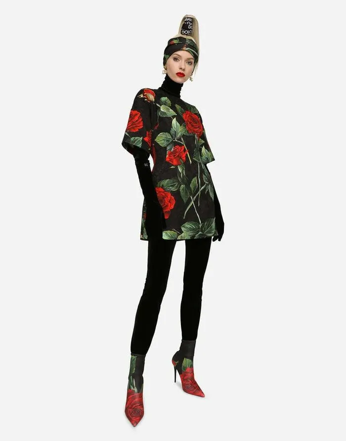 Dolce and Gabbana Dresses Women Short Brocade Dress With Red Rose Print Multicolor