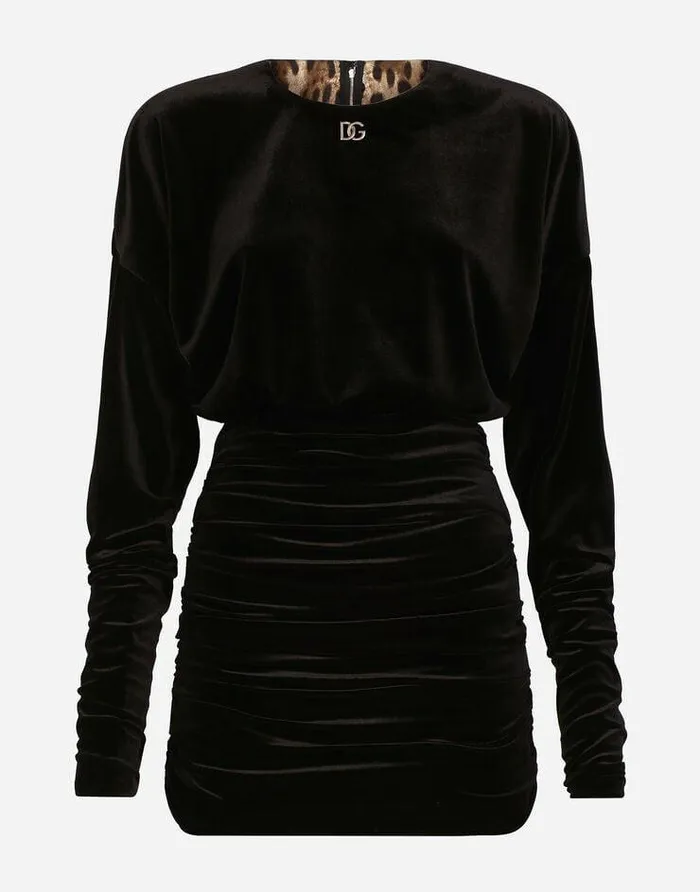 Dolce and Gabbana Dresses Women Short Draped Velvet Dress With DG Logo Black
