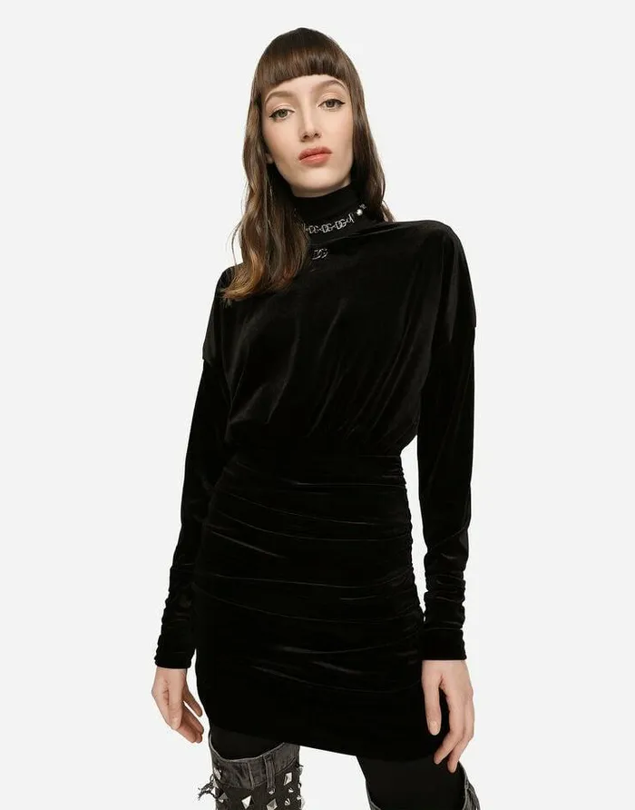 Dolce and Gabbana Dresses Women Short Draped Velvet Dress With DG Logo Black Dolce and Gabbana Dresses Women Short Draped Velvet Dress With DG Logo Black