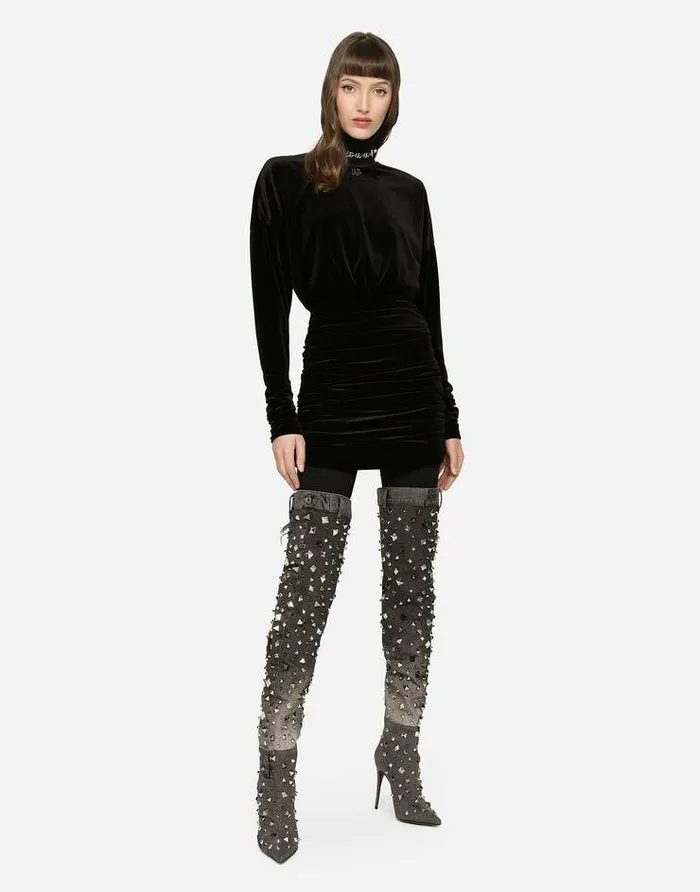 Dolce and Gabbana Dresses Women Short Draped Velvet Dress With DG Logo Black Dolce and Gabbana Dresses Women Short Draped Velvet Dress With DG Logo Black