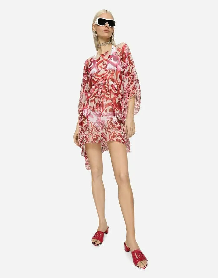 Dolce and Gabbana Dresses Women Short Majolicaprint Chiffon Caftan Multicolor Dolce and Gabbana Dresses Women Short Majolicaprint Chiffon Caftan Multicolor