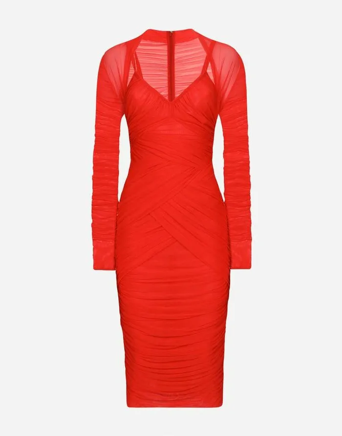 Dolce and Gabbana Dresses Women Tulle Draped Calflength Dress Red