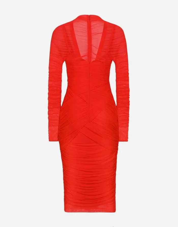 Dolce and Gabbana Dresses Women Tulle Draped Calflength Dress Red Dolce and Gabbana Dresses Women Tulle Draped Calflength Dress Red