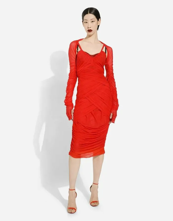 Dolce and Gabbana Dresses Women Tulle Draped Calflength Dress Red Dolce and Gabbana Dresses Women Tulle Draped Calflength Dress Red