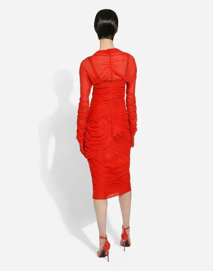 Dolce and Gabbana Dresses Women Tulle Draped Calflength Dress Red Dolce and Gabbana Dresses Women Tulle Draped Calflength Dress Red