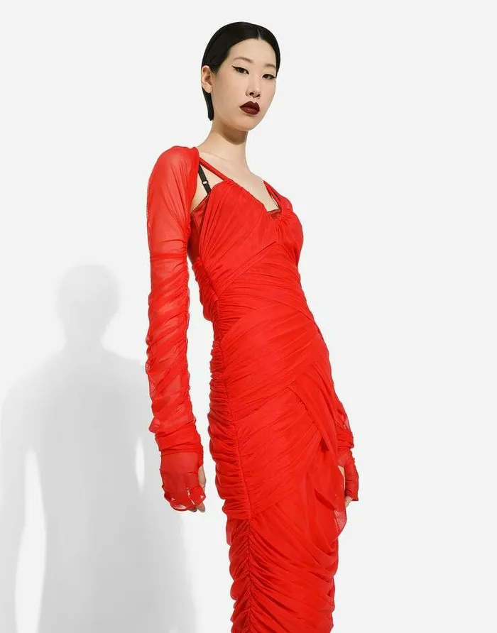 Dolce and Gabbana Dresses Women Tulle Draped Calflength Dress Red Dolce and Gabbana Dresses Women Tulle Draped Calflength Dress Red