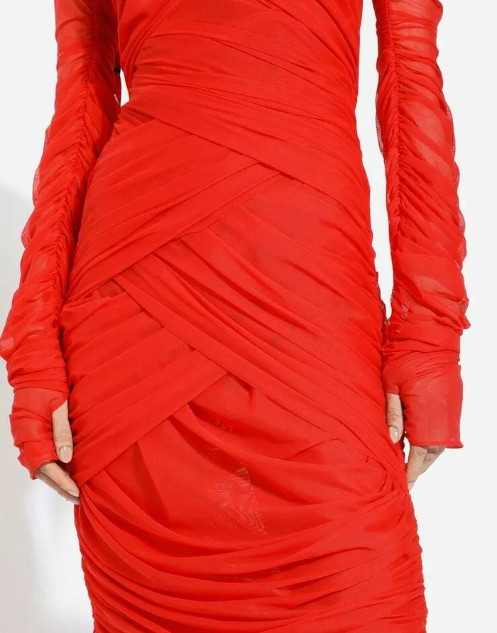 Dolce and Gabbana Dresses Women Tulle Draped Calflength Dress Red Dolce and Gabbana Dresses Women Tulle Draped Calflength Dress Red