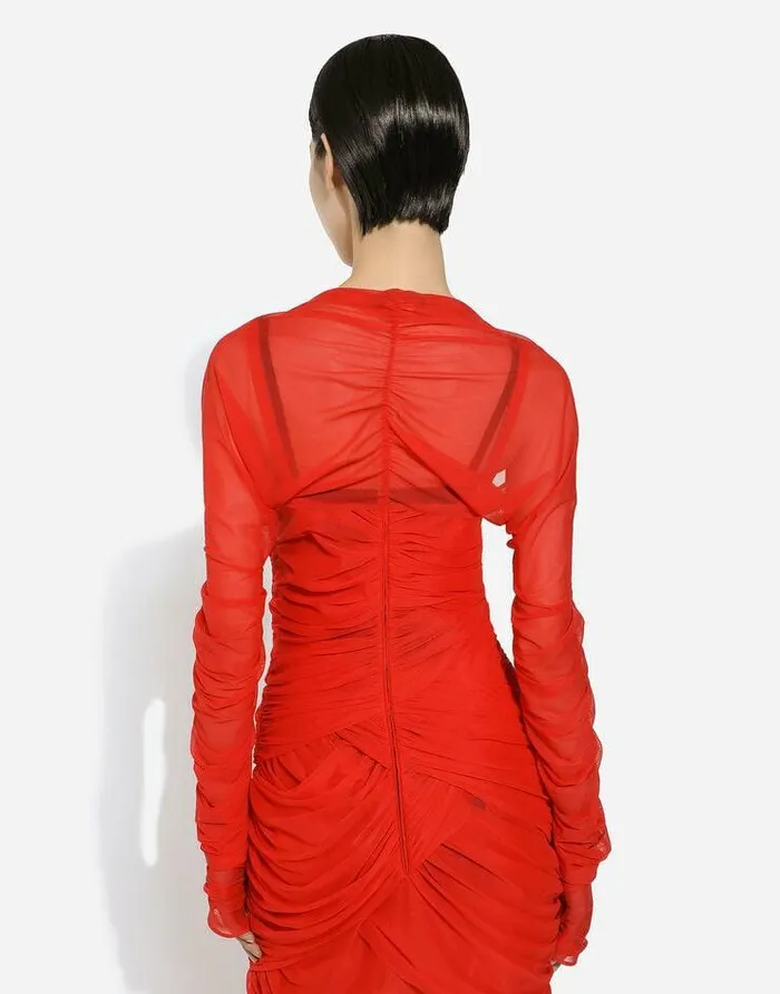 Dolce and Gabbana Dresses Women Tulle Draped Calflength Dress Red Dolce and Gabbana Dresses Women Tulle Draped Calflength Dress Red