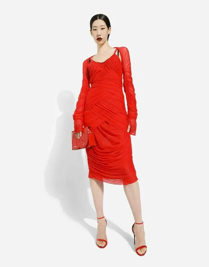 Dolce and Gabbana Dresses Women Tulle Draped Calflength Dress Red Dolce and Gabbana Dresses Women Tulle Draped Calflength Dress Red