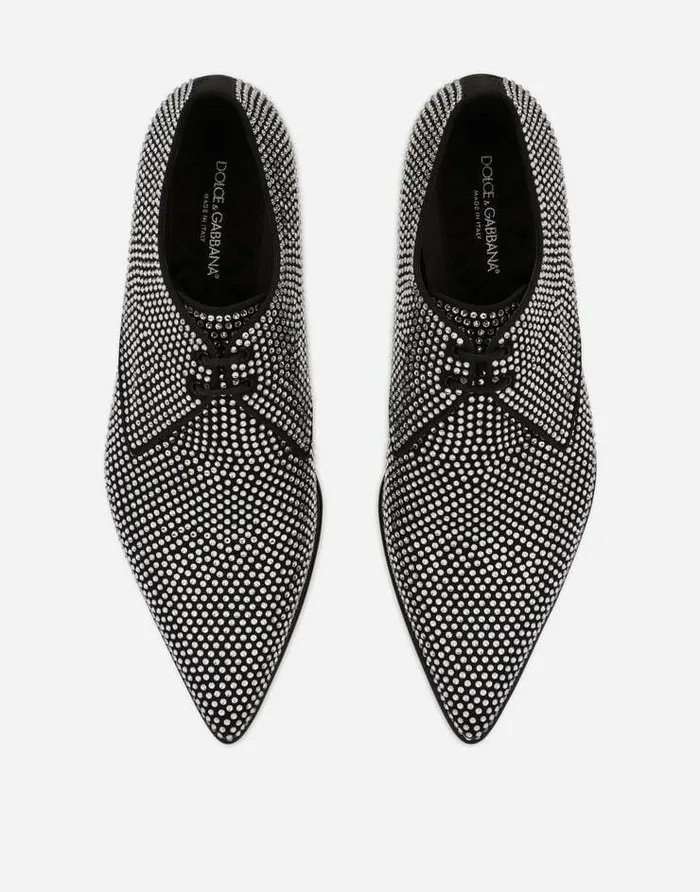 Dolce and Gabbana LaceUps Men Derby Shoes With Fusible Rhinestones Multicolor