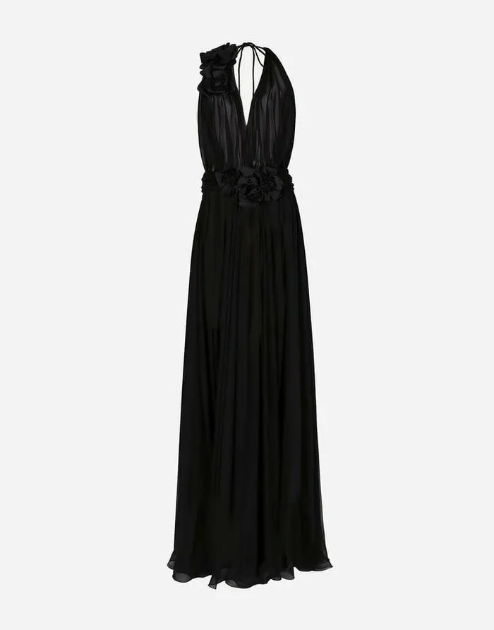 Dolce and Gabbana Mini Me Girl ChildrenWomen Long Silk Chiffon Dress With Floral Appliqu Black