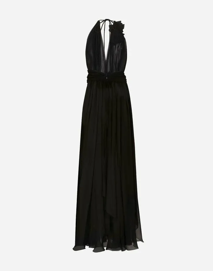 Dolce and Gabbana Mini Me Girl ChildrenWomen Long Silk Chiffon Dress With Floral Appliqu Black Dolce and Gabbana Mini Me Girl ChildrenWomen Long Silk Chiffon Dress With Floral Appliqu Black