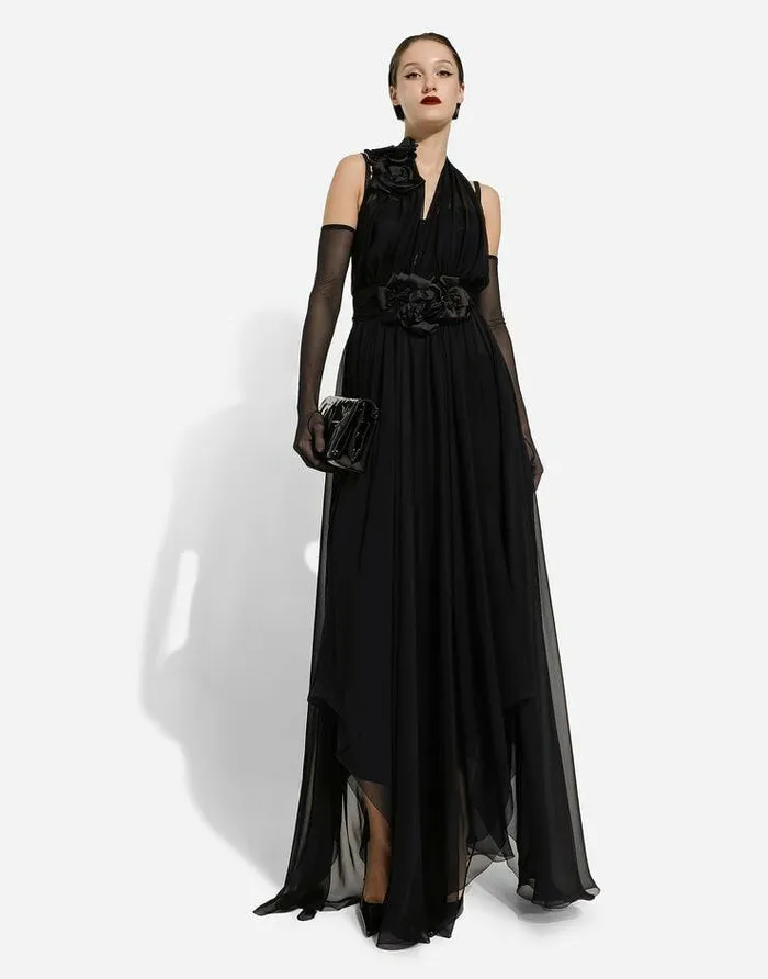 Dolce and Gabbana Mini Me Girl ChildrenWomen Long Silk Chiffon Dress With Floral Appliqu Black Dolce and Gabbana Mini Me Girl ChildrenWomen Long Silk Chiffon Dress With Floral Appliqu Black