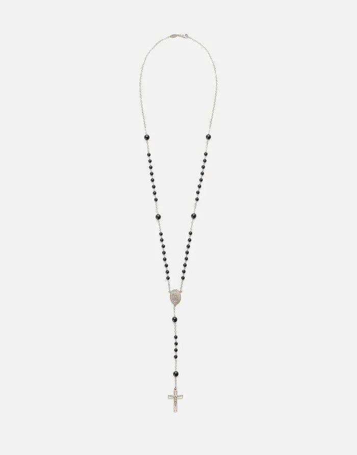 Dolce and Gabbana Necklaces Women White Gold Devotion Rosary Necklace With Black Jade Spheres Palladium