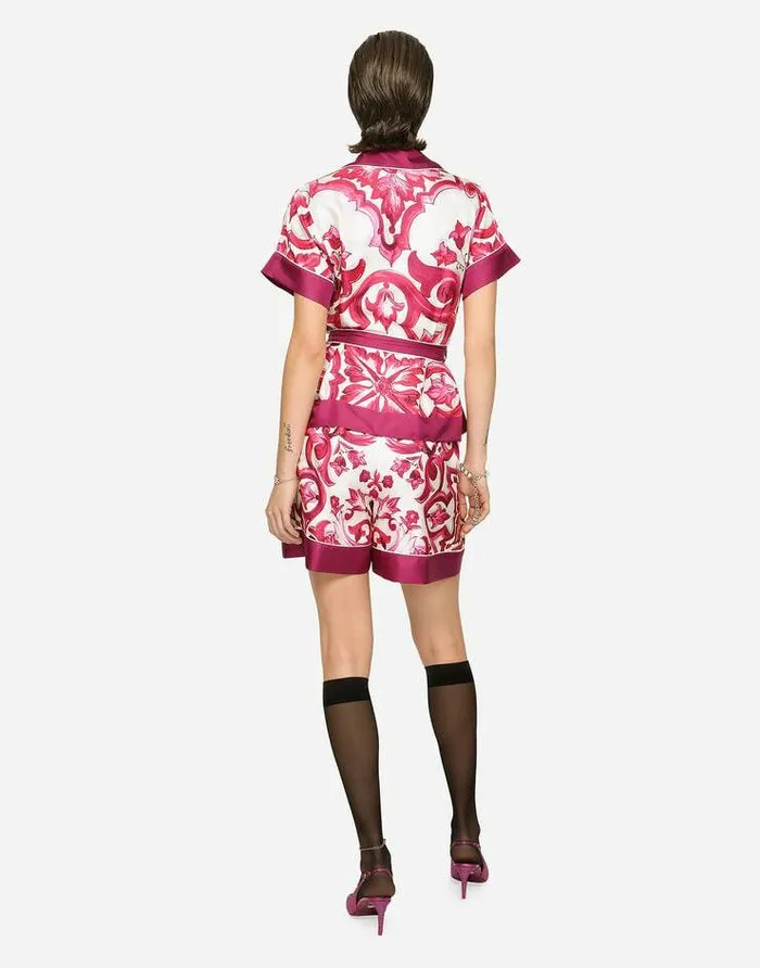 Dolce and Gabbana Shirts And Tops Women Majolicaprint Twill Shirt With Belt Multicolor Dolce and Gabbana Shirts And Tops Women Majolicaprint Twill Shirt With Belt Multicolor