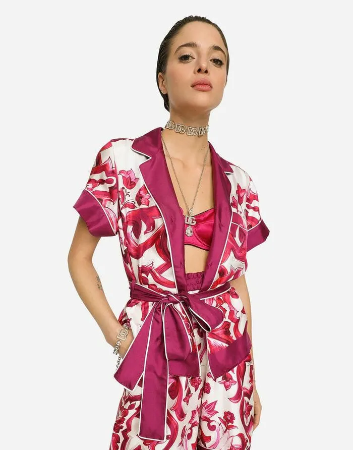 Dolce and Gabbana Shirts And Tops Women Majolicaprint Twill Shirt With Belt Multicolor Dolce and Gabbana Shirts And Tops Women Majolicaprint Twill Shirt With Belt Multicolor