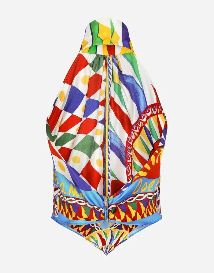 Dolce and Gabbana Shirts And Tops Women Twill Halterneck Top With Carretto Print Multicolor Dolce and Gabbana Shirts And Tops Women Twill Halterneck Top With Carretto Print Multicolor