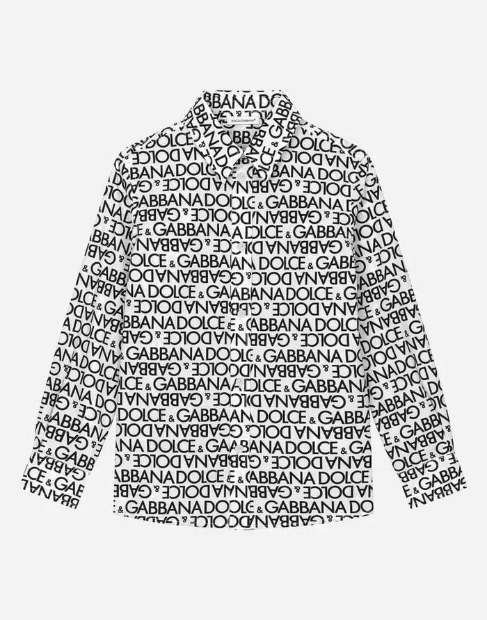 Dolce and Gabbana Shirts Children Poplin Shirt With Allover DG Logo Print White