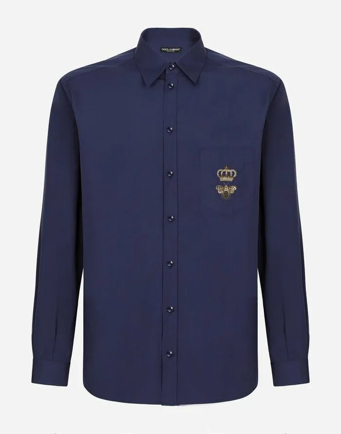 Dolce and Gabbana Shirts Men Cotton Martinifit Shirt With Embroidery Blue