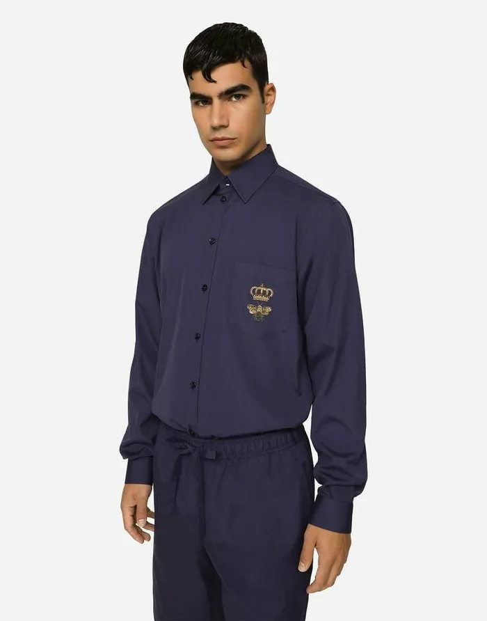 Dolce and Gabbana Shirts Men Cotton Martinifit Shirt With Embroidery Blue Dolce and Gabbana Shirts Men Cotton Martinifit Shirt With Embroidery Blue