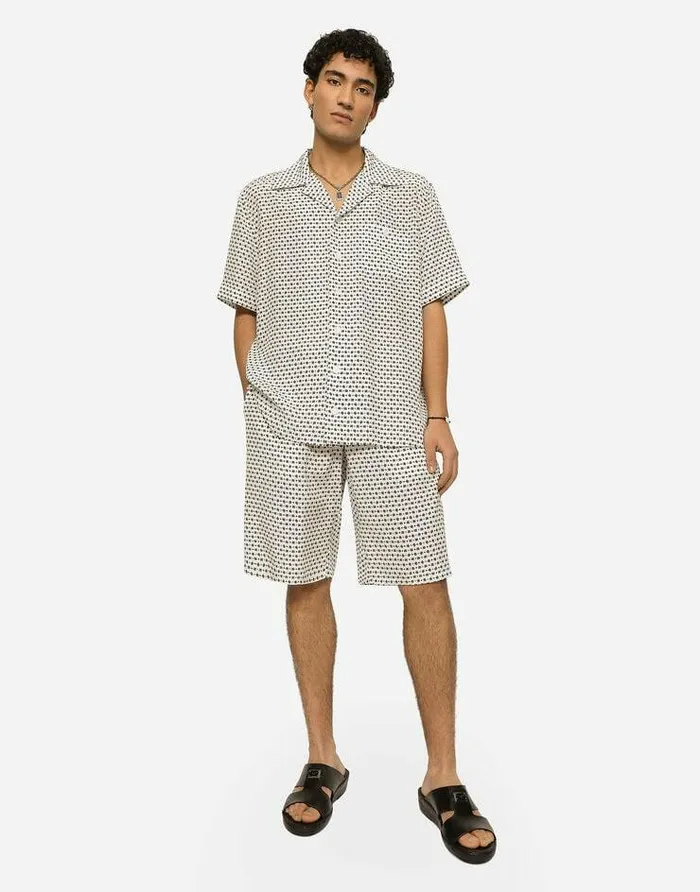 Dolce and Gabbana Shirts Men Crepe De Chine Hawaiian Shirt With DG Logo Print White Dolce and Gabbana Shirts Men Crepe De Chine Hawaiian Shirt With DG Logo Print White