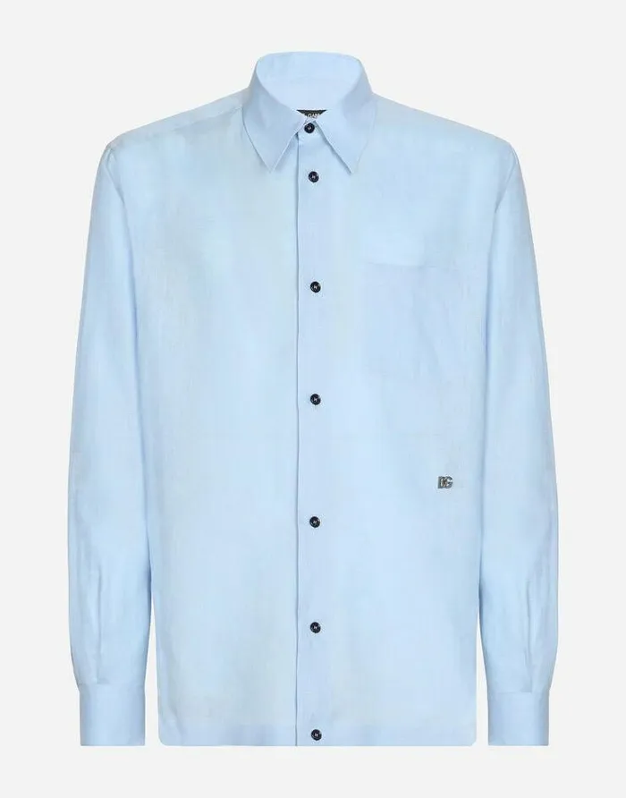 Dolce and Gabbana Shirts Men Linen Hawaiian Shirt With DG Hardware Azure
