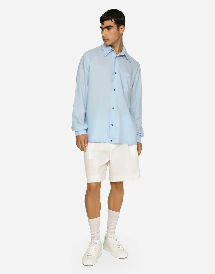 Dolce and Gabbana Shirts Men Linen Hawaiian Shirt With DG Hardware Azure Dolce and Gabbana Shirts Men Linen Hawaiian Shirt With DG Hardware Azure