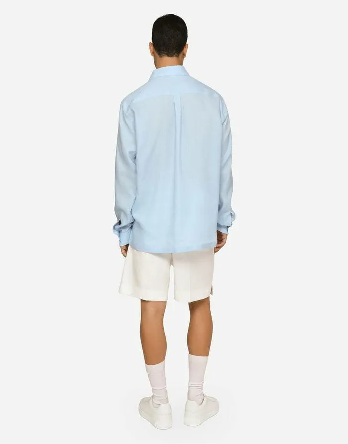 Dolce and Gabbana Shirts Men Linen Hawaiian Shirt With DG Hardware Azure Dolce and Gabbana Shirts Men Linen Hawaiian Shirt With DG Hardware Azure