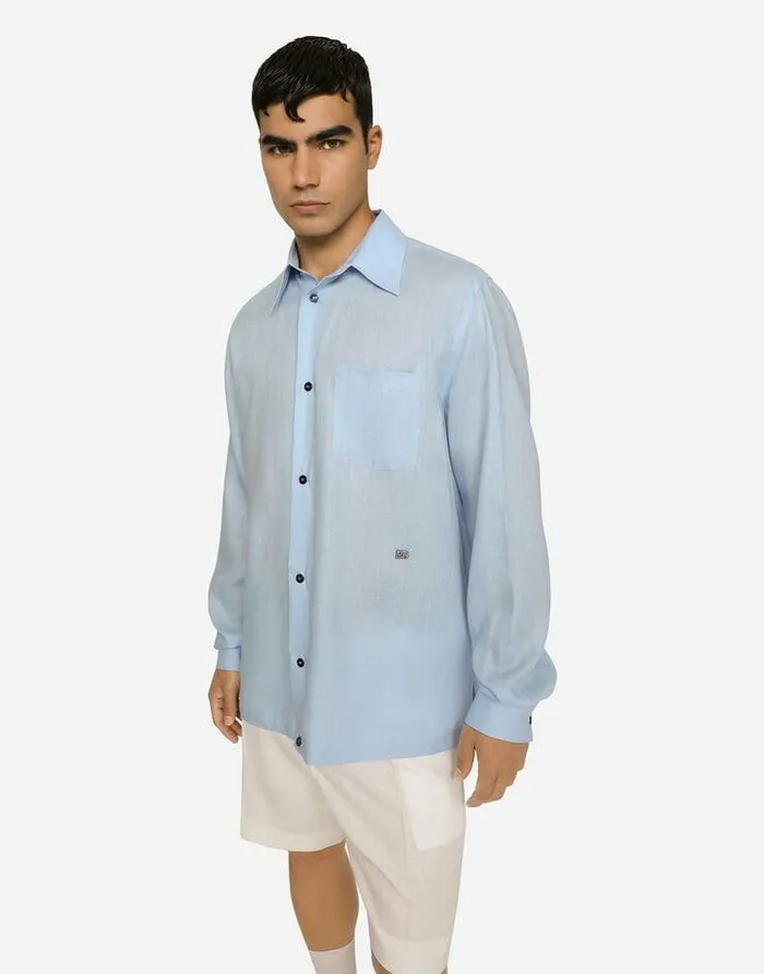 Dolce and Gabbana Shirts Men Linen Hawaiian Shirt With DG Hardware Azure Dolce and Gabbana Shirts Men Linen Hawaiian Shirt With DG Hardware Azure