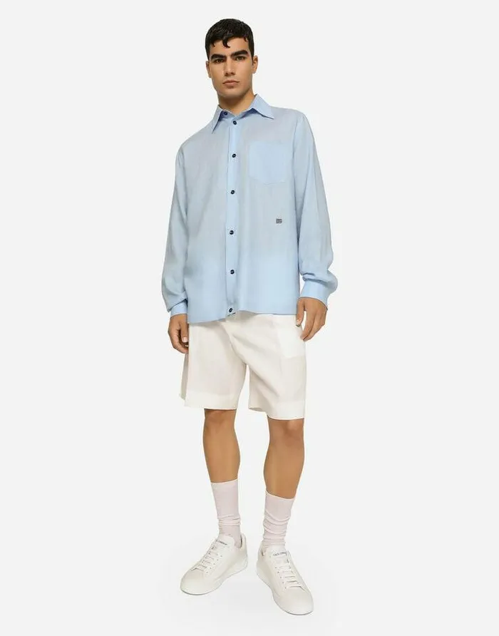 Dolce and Gabbana Shirts Men Linen Hawaiian Shirt With DG Hardware Azure Dolce and Gabbana Shirts Men Linen Hawaiian Shirt With DG Hardware Azure