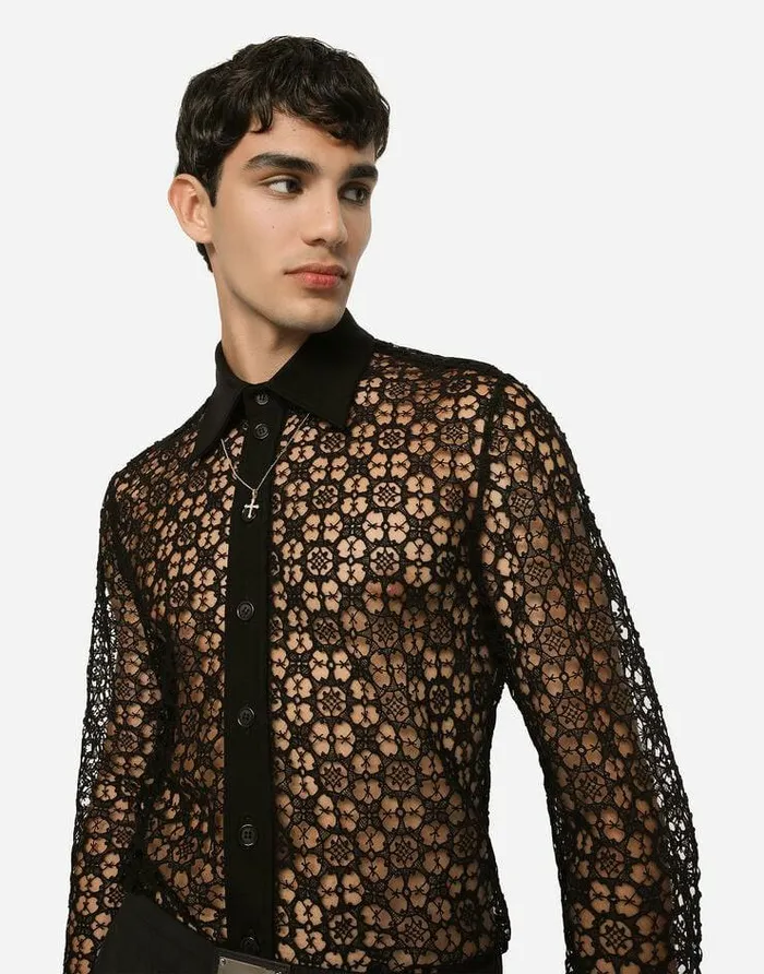 Dolce and Gabbana Shirts Men Macram Lace Siciliafit Shirt Black Dolce and Gabbana Shirts Men Macram Lace Siciliafit Shirt Black