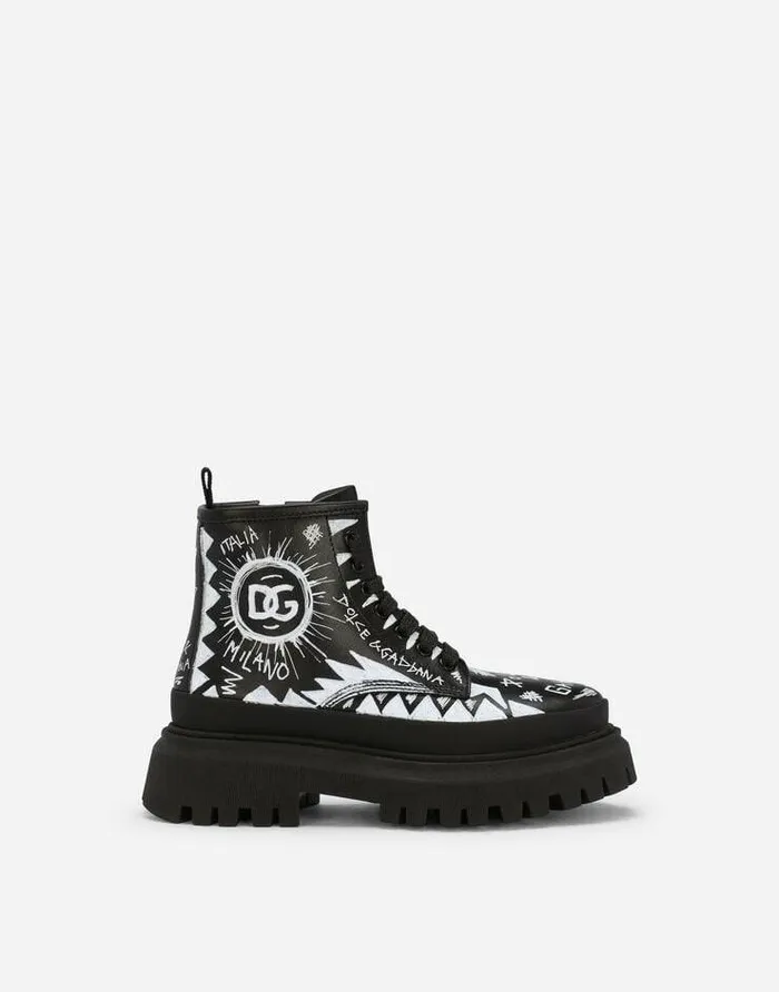 Dolce and Gabbana Shoes 2438 Children Calfskin Combat Boots With Graffiti Print Multicolor Dolce and Gabbana Shoes 2438 Children Calfskin Combat Boots With Graffiti Print Multicolor