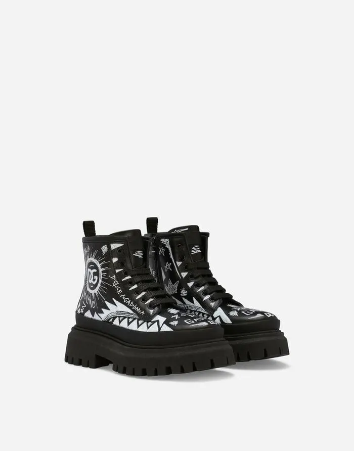 Dolce and Gabbana Shoes 2438 Children Calfskin Combat Boots With Graffiti Print Multicolor Dolce and Gabbana Shoes 2438 Children Calfskin Combat Boots With Graffiti Print Multicolor