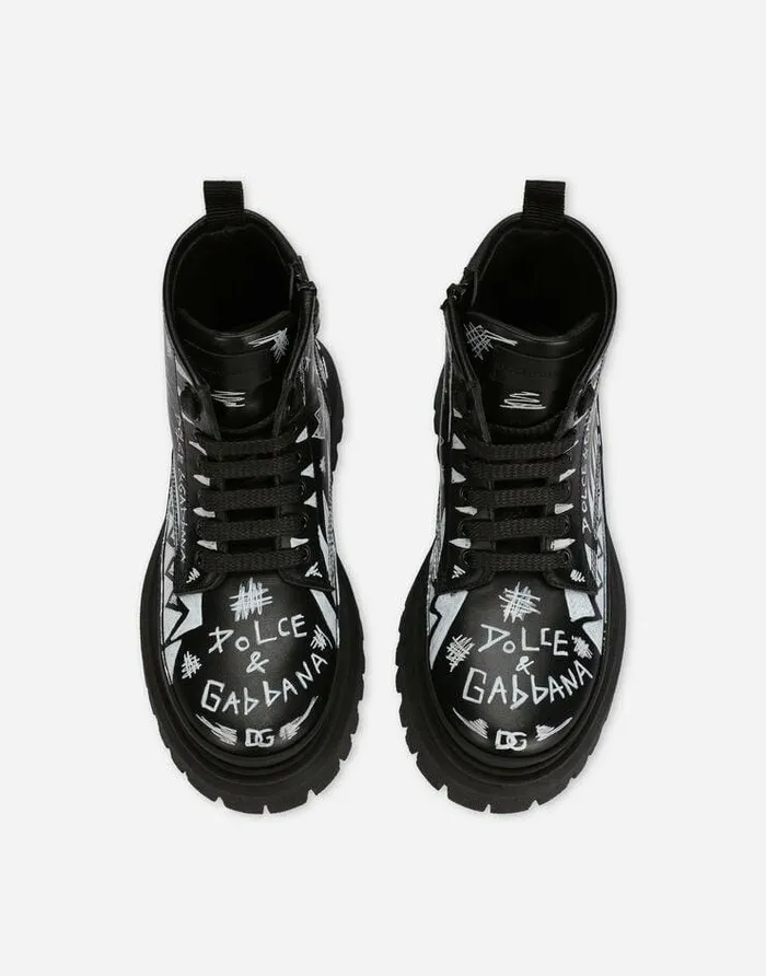 Dolce and Gabbana Shoes 2438 Children Calfskin Combat Boots With Graffiti Print Multicolor Dolce and Gabbana Shoes 2438 Children Calfskin Combat Boots With Graffiti Print Multicolor