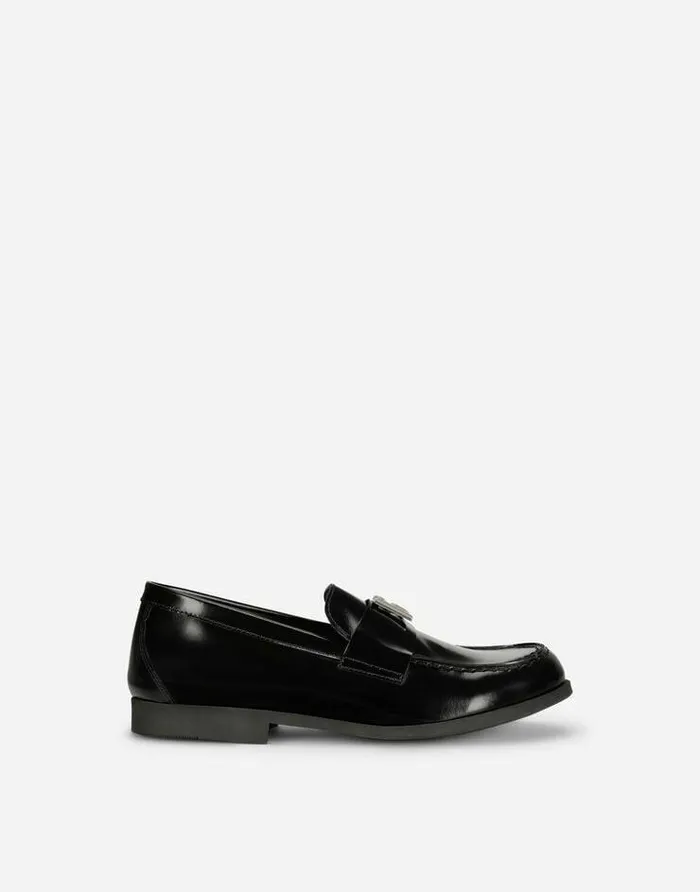Dolce and Gabbana Shoes 2438 Children Calfskin Loafers With DG Logo Black