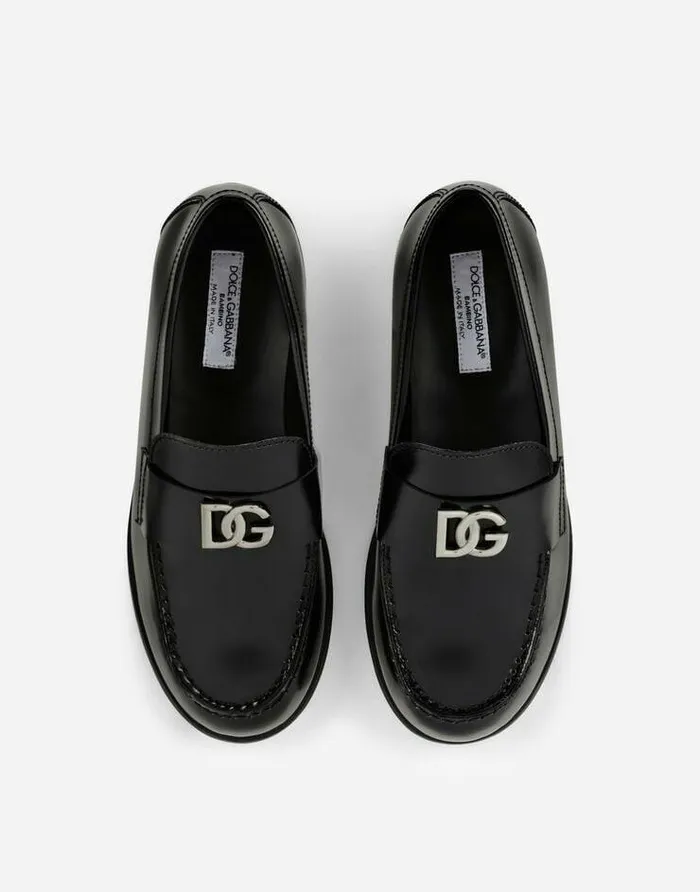 Dolce and Gabbana Shoes 2438 Children Calfskin Loafers With DG Logo Black Dolce and Gabbana Shoes 2438 Children Calfskin Loafers With DG Logo Black