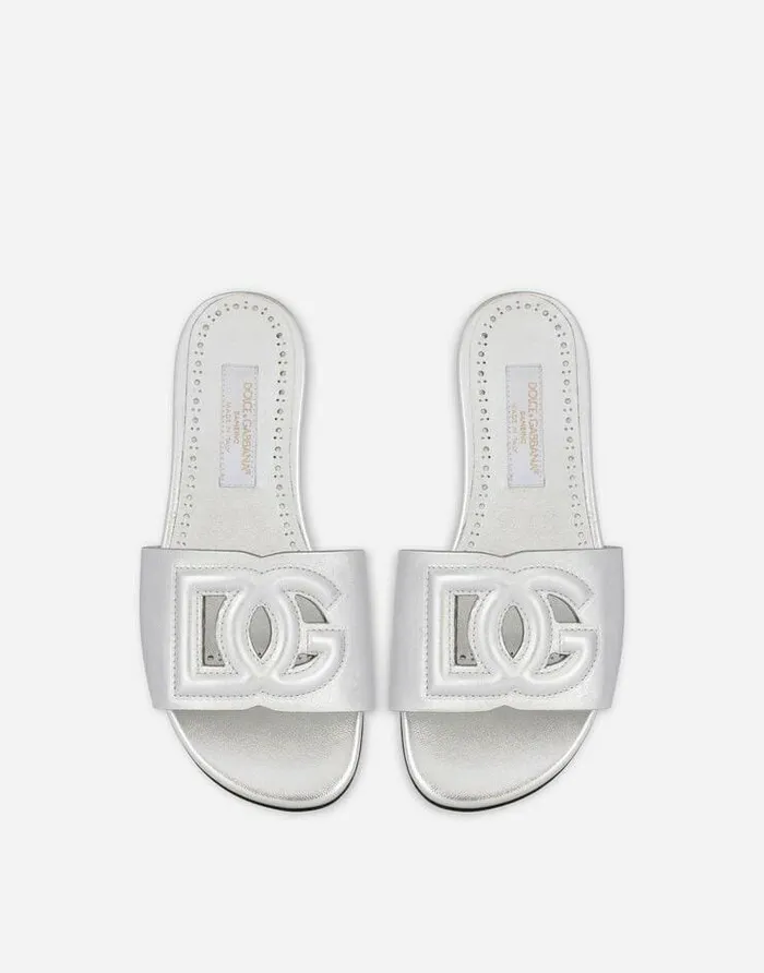 Dolce and Gabbana Shoes 2438 Children Foiled Lambskin Sliders Silver