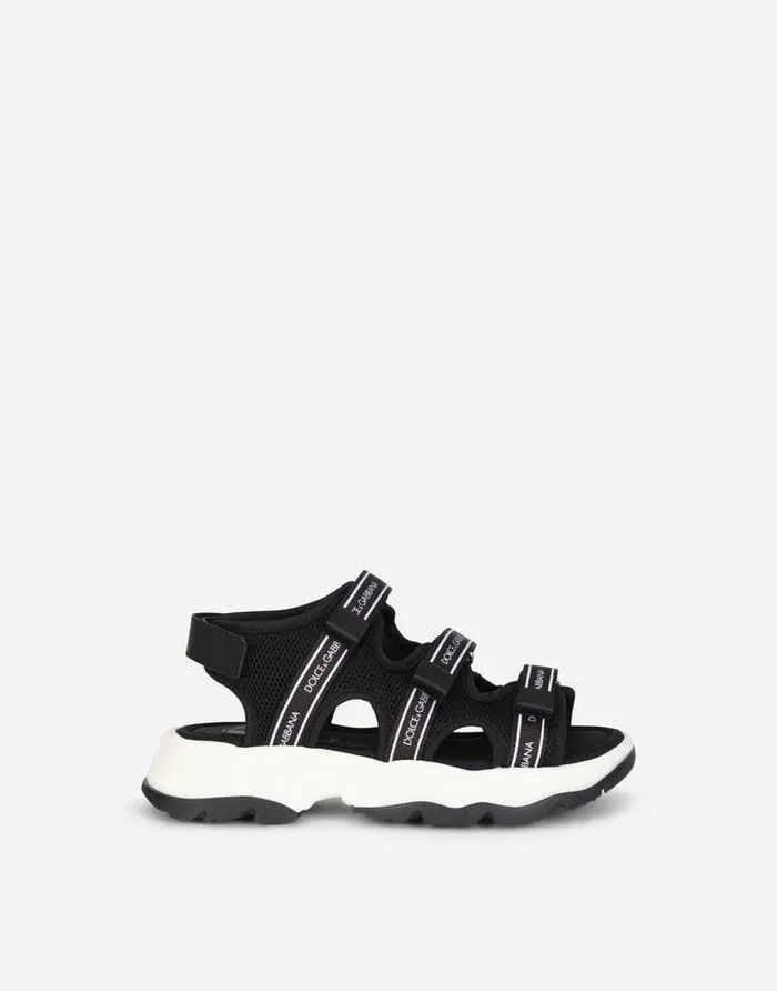 Dolce and Gabbana Shoes 2438 Children Mesh Trekking Sandals With Jacquard Logo Blackwhite