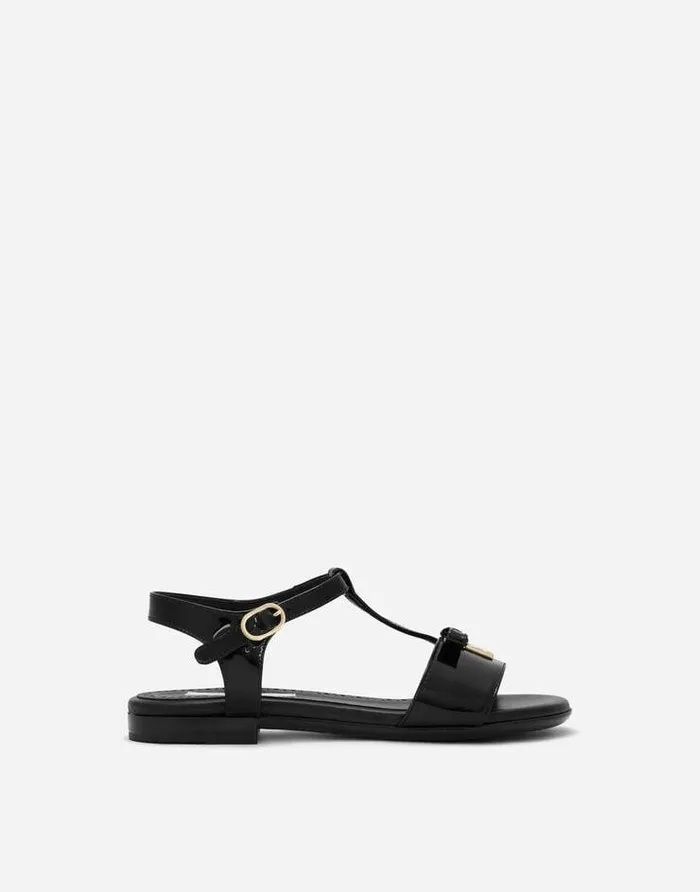 Dolce and Gabbana Shoes 2438 Children Patent Leather Sandals With Metal DG Logo Black